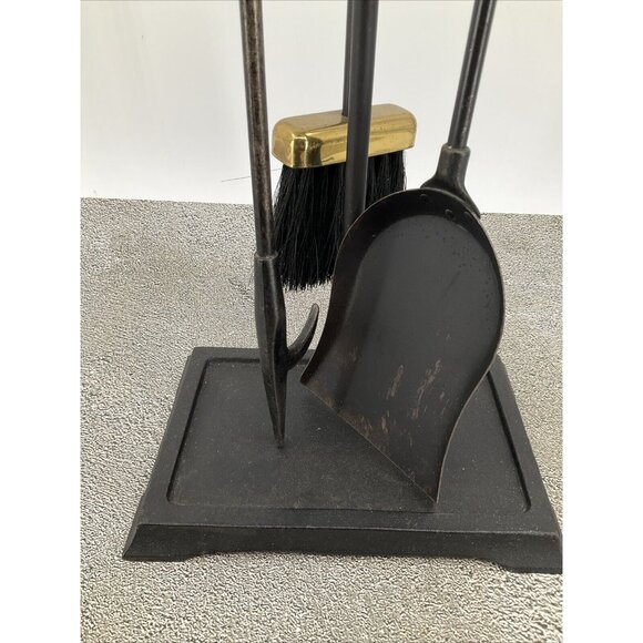 Mid-Century Modern Brass and Iron Fireplace Tool Set 3 Piece w/ stand USA - Picture 2 of 12
